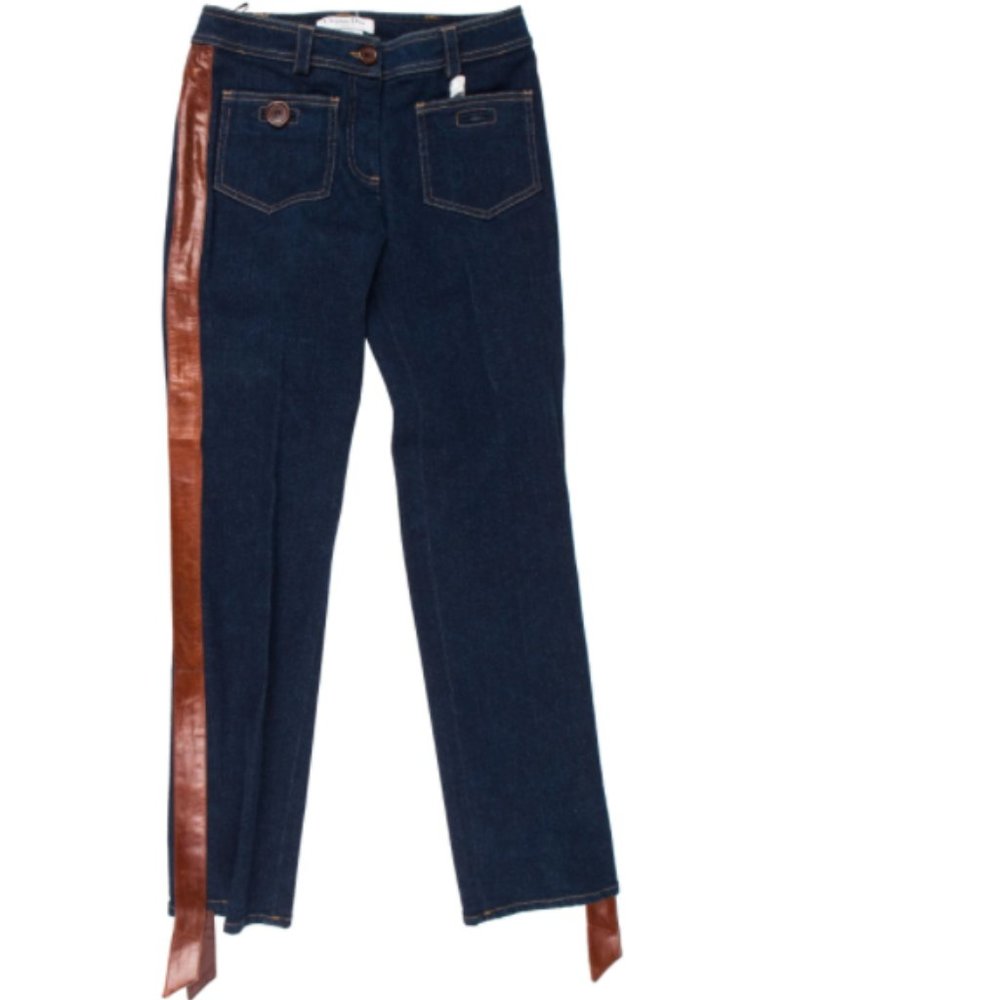 CHRISTIAN DIOR Leather-Trimmed Jeans w/ Tag